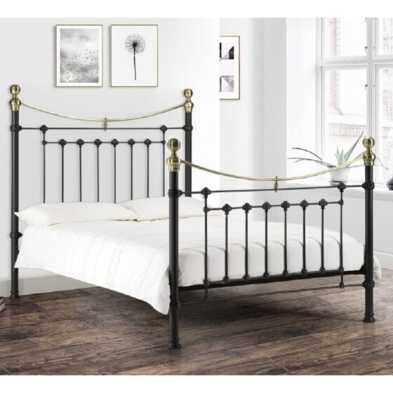 Vale Metal King Size Bed In Stone Black And Brass