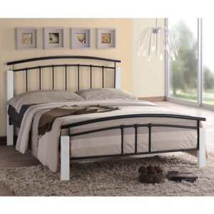 Tetron Metal Small Double Bed In Black With White Wooden Posts