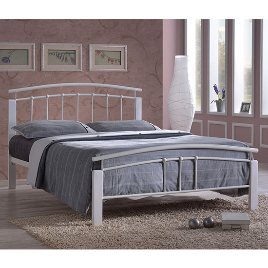 Tetron Metal Small Double Bed In White With White Wooden Posts