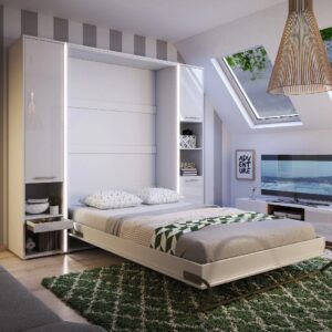 Cadott Wooden Vertical Wall Double Bed In White And LED