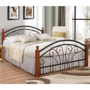 Natick Metal Small Double Bed With Wooden Pillar In Dirty Oak