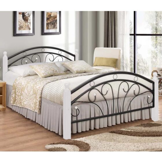 Natick Metal Small Double Bed With Wooden Pillar In White