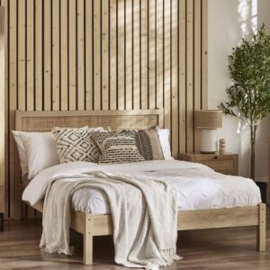 Pabla Wooden Double Bed With Rattan Headboard In Oak